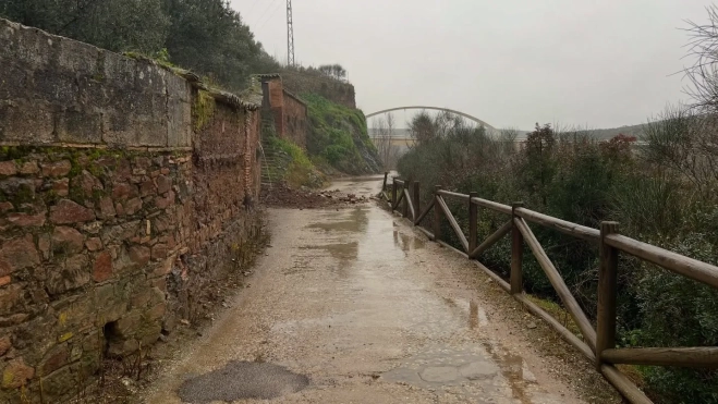 Caída de un muro en la zona del puente nuevo en Montoro