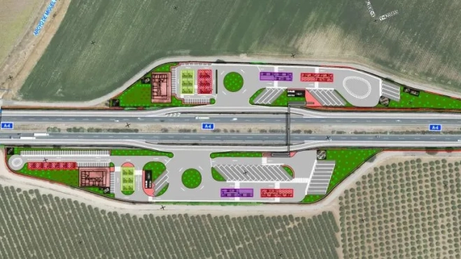 Esquema dónde se situarán los puntos de recarga en la A-4 a su paso por Montoro. Imagen: Ministerio de Transportes