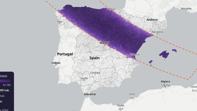 Franja en la que será visible el eclipse de 2026 en su totalidad. Mapa: Xataka Franja en la que será visible el eclipse de 2026 en su totalidad. Mapa: Xataka