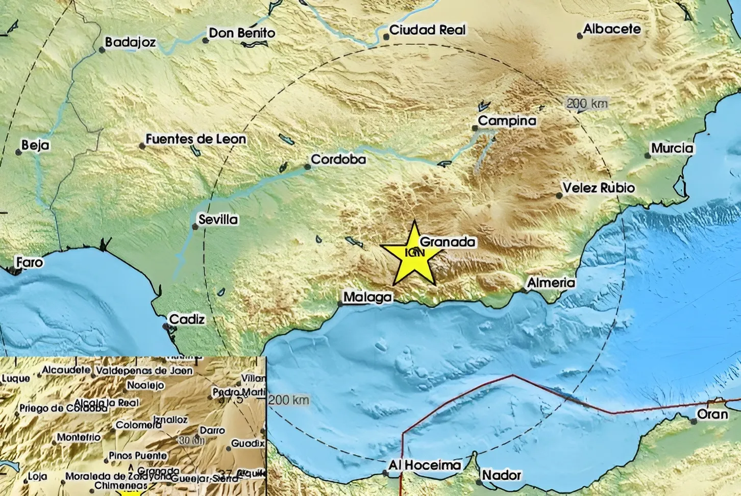 Mapa del IGN que muestra el radio de alcance del terremoto. Mapa del IGN que muestra el radio de alcance del terremoto.