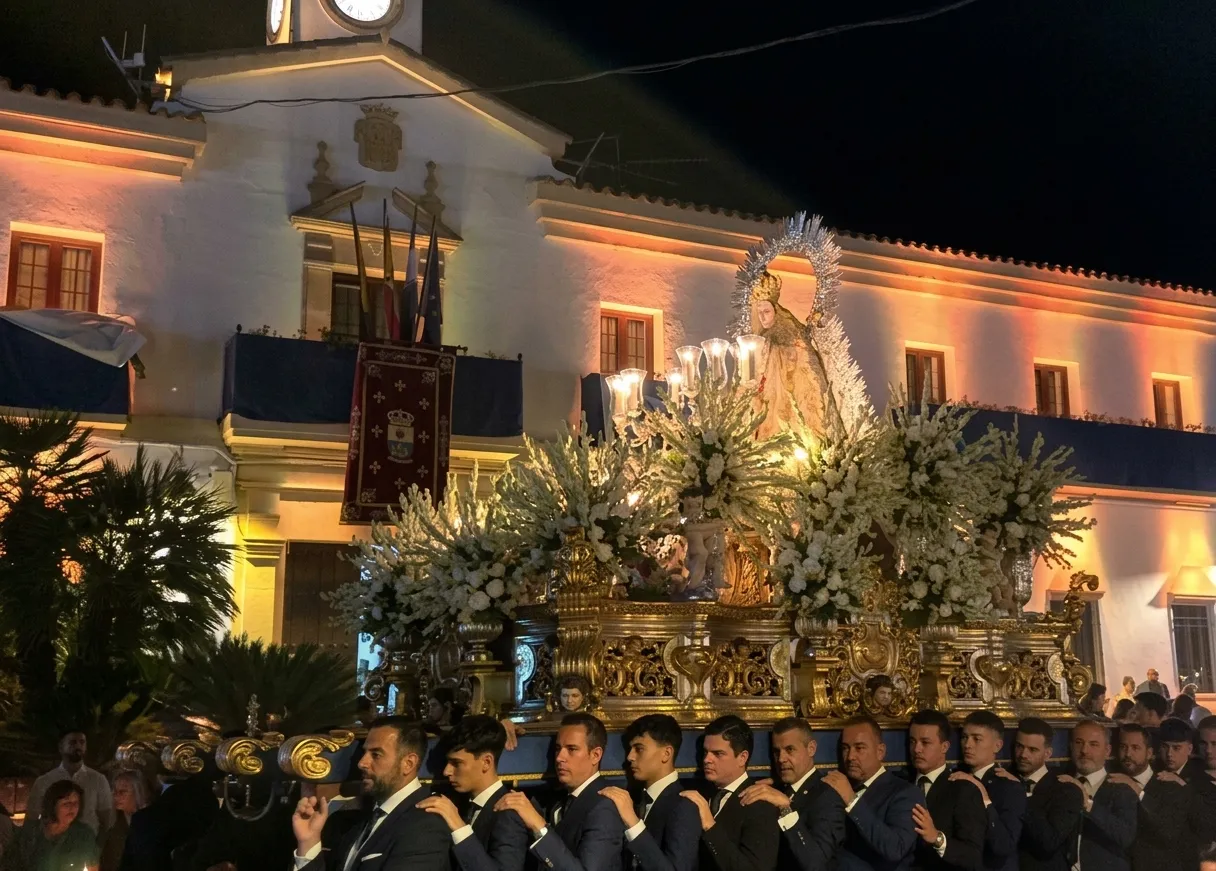 Paso de la Virgen del Campo por el Ayuntamiento de Cañete de las Torres.