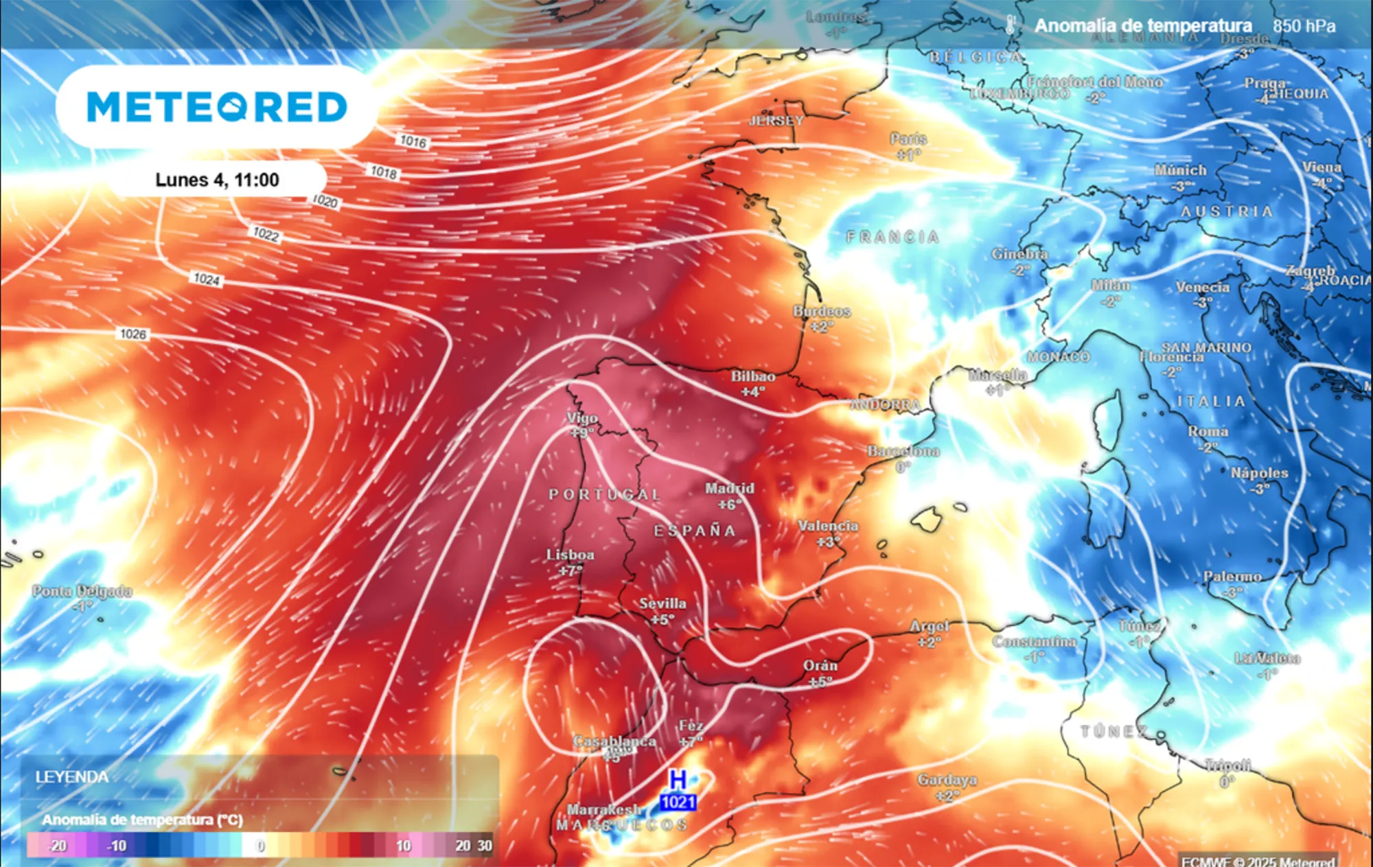 El modelo de referencia de Meteored confirma la llegada de una masa de aire anormalmente cálida incluso para la canícula. Imagen METEORED.