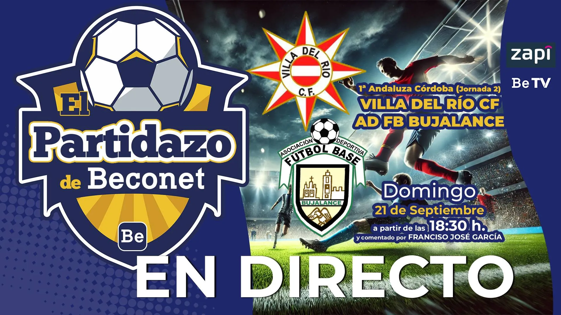 El derbi entre Villa del Río CF y AD Bujalance FB se verá en directo por Beconet TV.