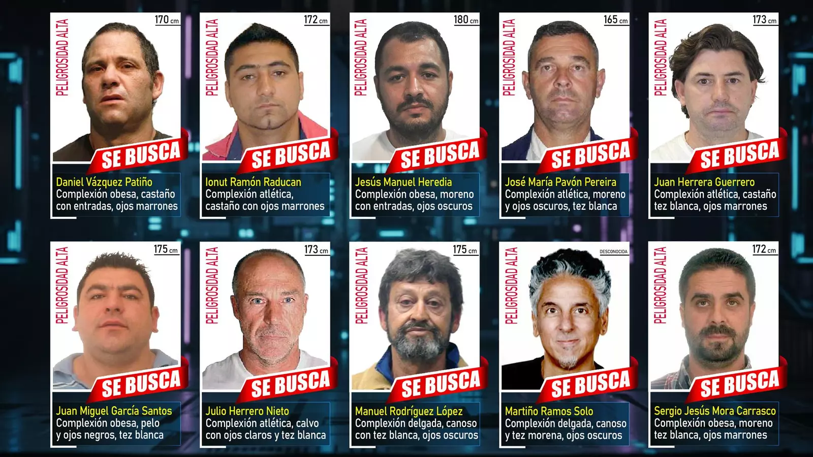 Los 10 fugitivos más buscados de España. El pontanés Juan Herrera, primero por la derecha. Foto: Policía Nacional